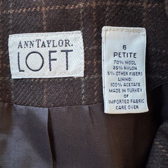 Vintage Y2K Ann Taylor Loft Brown Plaid Wool Double Breasted Blazer - Picture 6 of 7